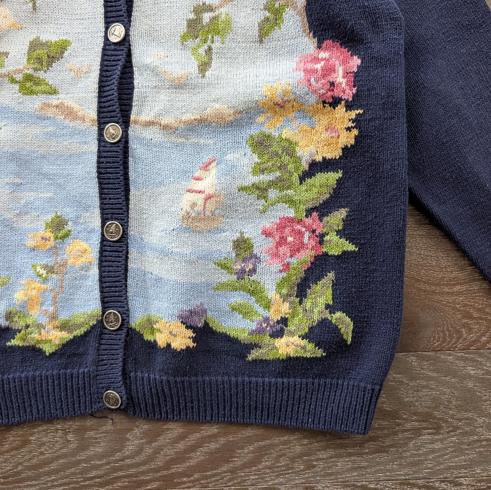 Northern Treasures Vintage Hand Knit Floral Sailboat Bird Chunky Cardigan Large - Picture 3 of 6